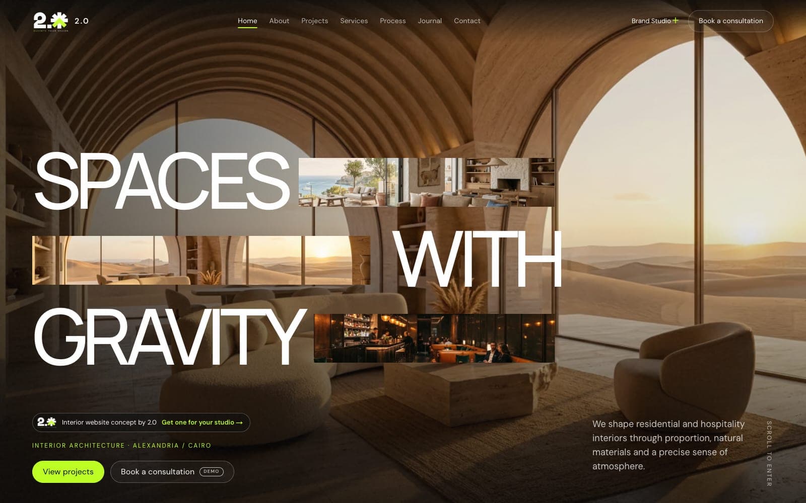 The interior studio website demo: “Spaces with gravity” in huge type, cut with image bands, over a vaulted desert living room