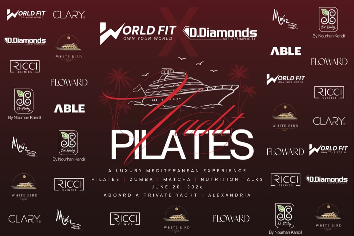 The Yacht Pilates sponsor wall — the event lockup ringed by partner brand logos